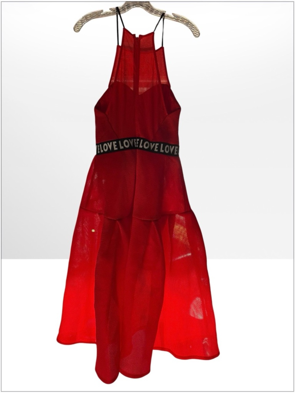 ASOS Red Mesh Fit-and-Flare Dress with 'LOVE' Waistband